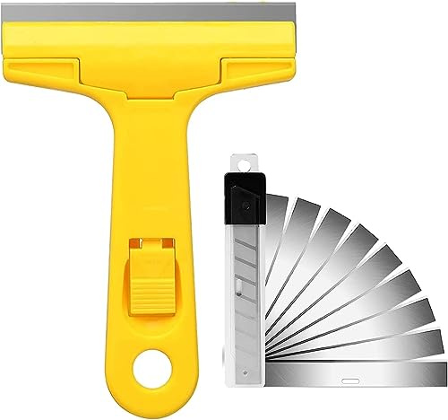 Razor Blade Scraper, 4 Scraper Tool with 10 Extra Replacement Metal Blades, Razor Scraper Remover for Cleaning Paint, Caulk, Adhesive, Label, Decal, Sticker from Window, Glass, Tile, Floor, Stove Top