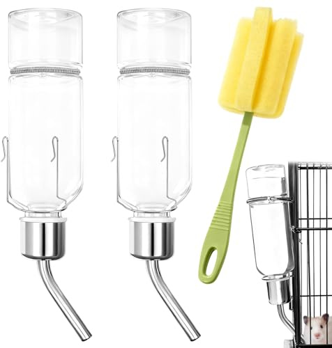 2 pcs Trinkflasche Hängende, Kaninchen Hamster Meerschweinchen Trinkflasche, 350ml Auslaufsichere Nagertränke mit Bürste Ausgestattet, Trinkgefäß für Kleintiere