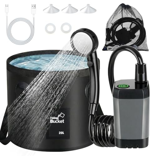 Mkitnvy Ducha Portátil Camping con Cubo Plegable 20L, 6000mAh Recargable Ducha Camper con Pantalla de Temperatura y Batería, Bomba Eléctrica IPX7 para Acampar, Jardín, Lavado de Coches, Mascotas