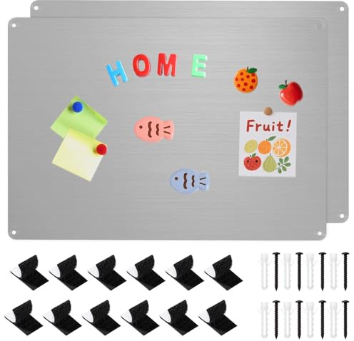 2 Pack Magnetic Board, 17 x 11.8 Metal Magnet Board Bulletin Boards | 2 Installation Methods, Metal Display Board for Wall, for Magnetic Spice Jars, Fridge Magnets, Notes, Photos - Silver