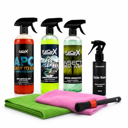 AutoFullCar Kit Limpieza Coche Interior y Exterior 750ml, Productos FullCarX con APC Multiusos, Cristales Antivaho, Eliminador Insectos, Ambientador Aroma Nuevo y Accesorios