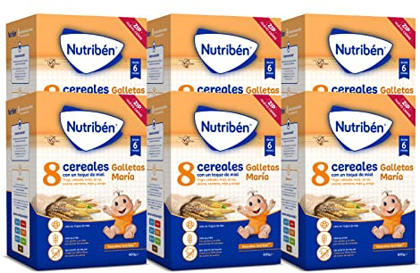 Nutribén Papilla 8 Cereales con un Toque De Miel y Galletas María, 3600g, Sin Aceite de Palma, Alimento para Bebés, desde los 6 Meses, Pack de 6 x 600g