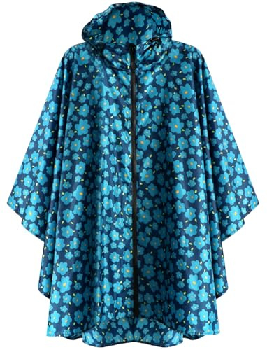ANYOO Waterproof Rain Poncho Lightweight Reusable Hiking Hooded Coat Jacket for Outdoor Activities(Blue Flower) One Size