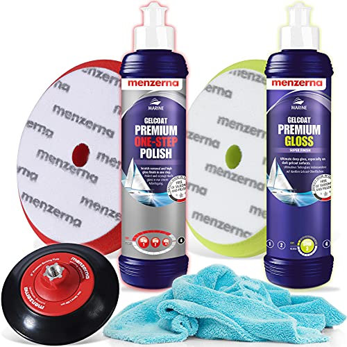 detailmate Menzerna Bootspolitur ultra Glanz + Zubehör Set - 250ml: Gelcoat Premium One Step Polish + Gelcoat Premium Gloss + passende Premium Pad Polierschwämme + Stützteller + Poliertuch