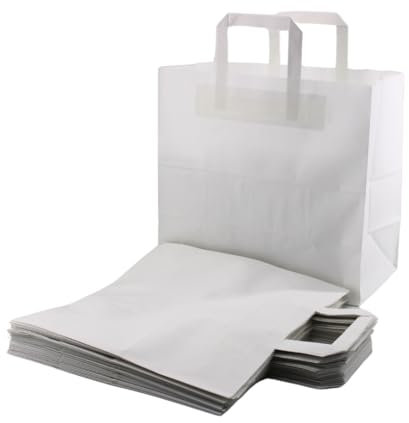 Enpack - 250 Papiertüten weiß mit Henkel - Geschenktüten für kleine Geschenke 32+16x26 cm - Papiertragetaschen aus Kraftpapier 80gr - Braune Papiertüten - Papier Geschenktaschen zum befüllen