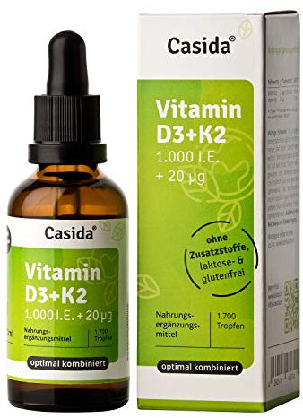 Casida Vitamin D3 + K2 Tropfen - Hoch bioverfügbar durch Original VitaMK7 99,7% All-Trans und Vitamin D3 (1000 IE) - flüssig und hochdosiert - Aus der Apotheke - 50 ml