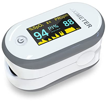 MOMMED Sauerstoffsättigung Messgerät Finger, Oximeter Ergebnisse in 8 Sekunden, Pulsoximeter für Erwachsene und Kinder geeignet, Inklusive Lanyard und Batterien (Grau)