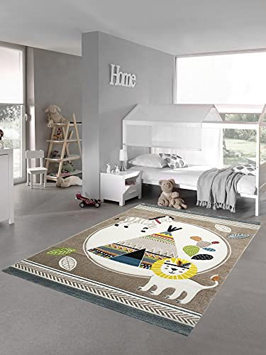 Teppich-Traum Kinderzimmer Teppich Spielteppich Zelt Löwe Zebra Kaktus beige blau Creme braun Größe 120x170 cm