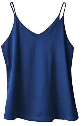 Wantschun Dam silke satin linne väst topp t-shirt blus tank skjorta v-ringad spaghettiband XXS-4XL, Basic – marinblå, L