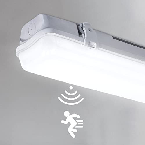 UISEBRT LED-Feuchtraumleuchte mit Bewegungsmelder 150cm 48W Wannenleuchte IP65 Wasserfest LED Röhre Deckenleuchte für Garage Keller Werkstatt Büro Feuchtraum, 48W Kaltweiß