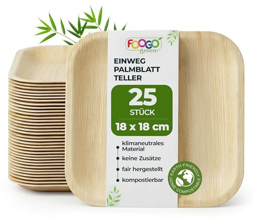 FOOGO Green 25 Platos Desechables de Hoja de Palma, 18 cm, Cuadrado Pequeños, Biodegradables, Compostables, Como Platos de Madera, Bambú, Papel, para Comida Caliente, Bodas, Picnics, Fiestas