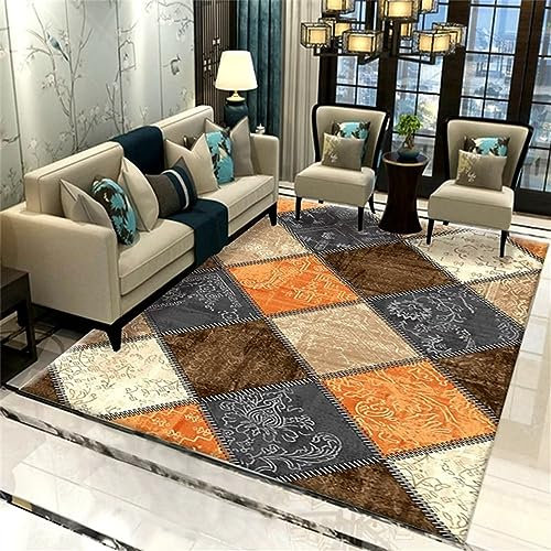 SUNYRDSM Küchenteppich Läufer Teppich Flur 60 x 90 cm Wohnzimmer Teppich orange grau Quadrat geometrisches Design komfortabel Teppich Flur