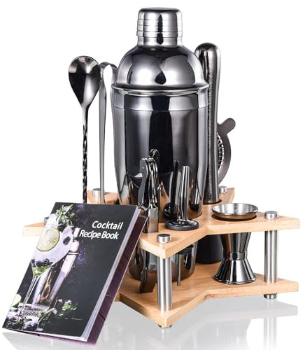 Esmula Kit da barista da 10 pezzi con supporto in bambù, set di shaker da cocktail per bevande miste, set di strumenti da bar in acciaio inossidabile, regalo per uomo, papà, ricettario per cocktail