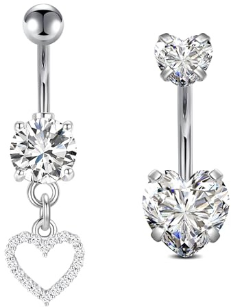 FECTAS 2pcs Barre della Pancia Cuore Dangle Ombelico Barre Cuore Anello della Pancia in Acciaio Inox 14G Navel Piercing Gioielli per Le Donne 10mm Argento