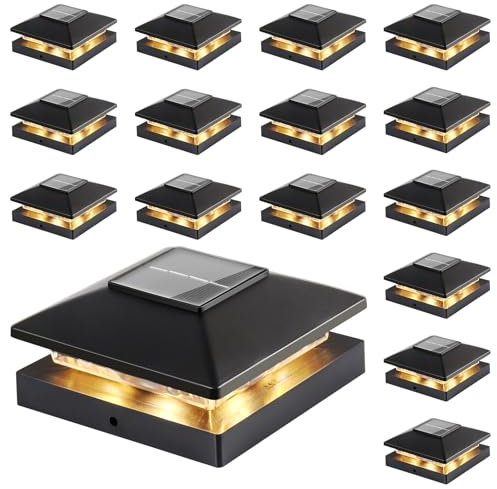 Solar Post Cap Lights Outdoor 16-Pack, Black Waterproof Solar Powered Deck Fence Lights Fit 4x4 Wood/Vinyl Posts, Bright Warm White for Patio, Porch
