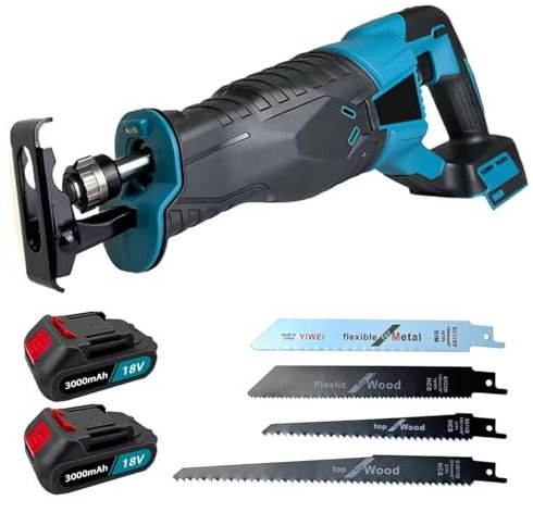 Cordless Reciprocating Saw, 18V Electric Saws, 0-3500SPM Variable Speed Electric Saw with 2x3.0Ah Batteries Compatible with Makita, 4 PCS Saw Blades, Fast Charger, LED Light,for Wood Metal PVC Cutting