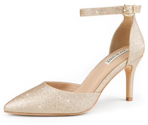 JOY IN LOVE Closed Toe Heels Pumps for Women 3IN Stiletto Pointed Toe Ankle Strap Heels Gold Glitter US9