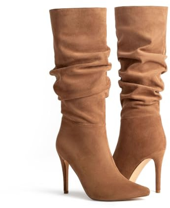 Hykytyhk Botas de mujer de punta stiletto con tacón alto slouchy de ante Botas altas hasta la rodilla, marrón, 38 EU