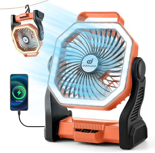 Odoland Rechargeable Camping Fan, 20000mAh Battery Fans with LED Lantern for Tent Car Beach Storm, Portable Light Desk Cooling Fan for Picnic Power Outage Hurricane, Orange