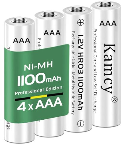 KAMCY Pilas Recargables AAA/Micro, 1100 mAh – Pilas Recargables AAA HR03 NiMH de 1,2 V – 1500 recargas, Alta Capacidad, precargadas, Profesionales, Paquete de 4
