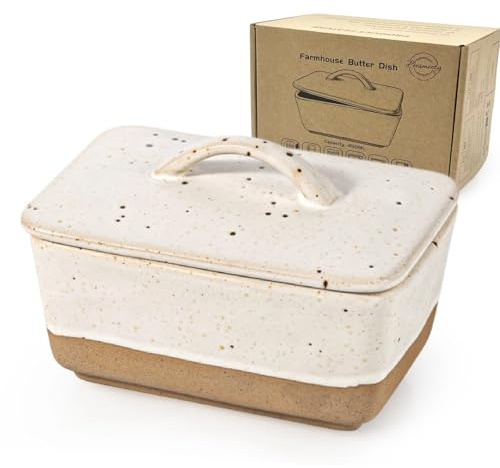 Besmeety smörskål i keramik, smörskål i porslin med lock, smörskål, smörskålar för 250 g smör, 14,5 x 9,9 x 6,4 cm (vit, 450 ml)