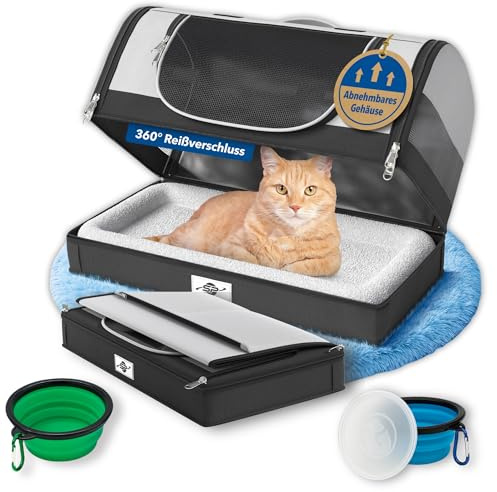 Caja de transporte para gatos plegable y estable con base desmontable, bolsa de transporte para gatos y perros pequeños de hasta 8 kg, incluye 2 cuencos, correa de hombro, correa de seguridad