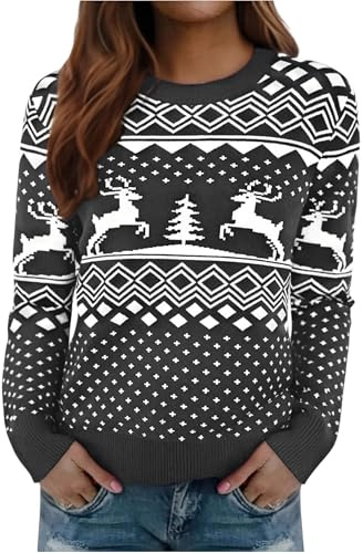 Jahetuul Pull de Noël pour Femme Motif Renne et Sapin Pull Tricoté Chaud et Doux Sweater d'hiver Femme Idée Cadeau pour Noël et Fête