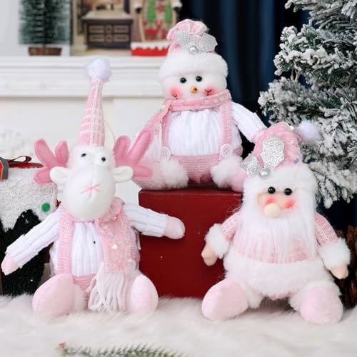 Seasonal Sitting Santa Snowman Reindeer Plush Figure Set with Sparkling Glitter for Festive Home and Window Decor during Holiday Season (D)