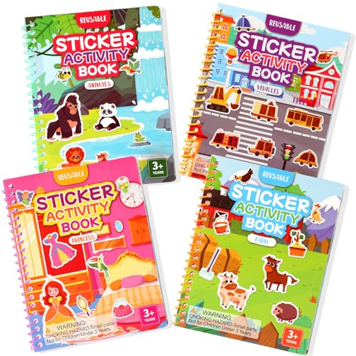 BuyCard Reusable Sticker Book - 4 Pack 3D Sticker Book for Kids for 2+ Year Olds Travel Airplane Activity for Kids Scene Storybook Sticker Gift for Boys Girls