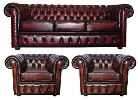 CK Chesterfield Genuine Leather 3 Seater Sofa and Club Chairs Set (Oxblood Red)