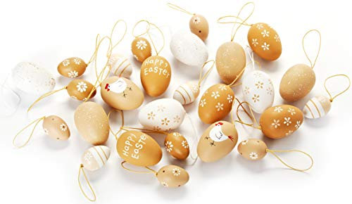 HEITMANN DECO Ostereier zum Aufhängen aus Kunststoff - Verschiedene Muster - Osterdeko, Frühlingsdeko - Natur/Weiß, 30 Stück