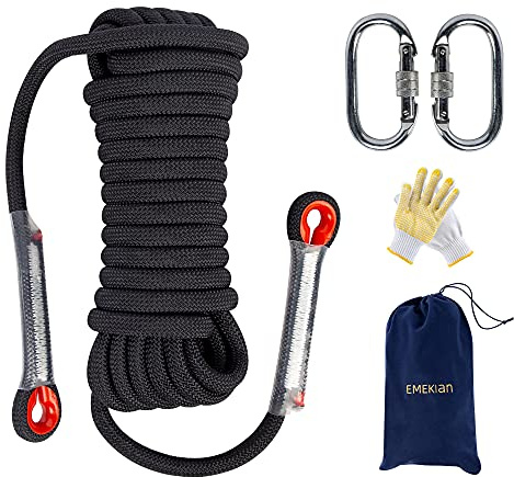 EMEKIAN 10 mm Black Indoor Outdoor Climbing Rope, 10 M (32 ft) Static Rock Climbing Rope for Escape Rope, Ice Climbing Equipment, Fire Safety Rescue Rope, with Non Slip Gloves