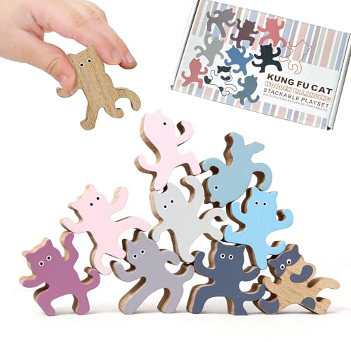 laboos Kung Fu Cat Wooden Stacking Challenge - Whimsical Desk Decor & Fun Office Game for Stress Relief - Unique Gift for Cat Lovers (10 PCS Set)