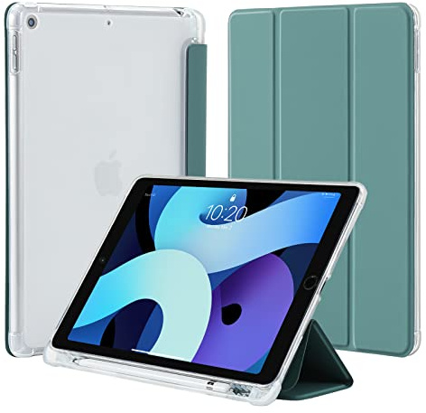 4UBonLife Hülle für iPad 9. 8. 7. Generation mit Stifthalter 10,2 Zoll 2021/2020/2019, Ultradünne Leichte Schutzhülle, Weich TPU Durchscheinend Rückseite Smart Cover für iPad 10.2 Zoll, Nachtgrün