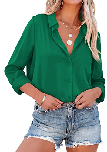 NONSAR Blusa elegante de manga larga para mujer con cuello alto, blusas de oficina, tops informales, verde, S