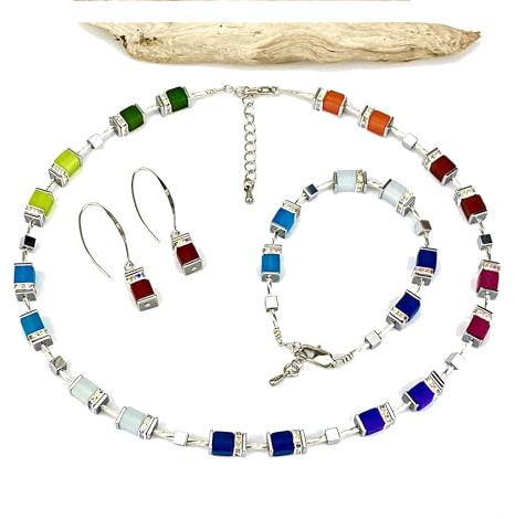 Handgemachte Hals Kette mit Polaris Würfel, Edelstein, Hämatit, Strasssteinen Edelstahlverschluss plus 5 cm Verlängerung, Setoption: Armband und Ohrringe aus 925 Sterling oder Edelstahl