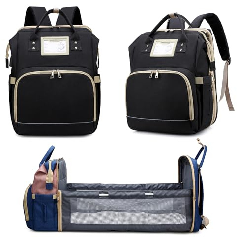 AZOOKEN Nappy Changing Backpack, Waterproof Multi-Function Large Capacity Diaper Baby Travel Bag with Bed 3 in 1 Foldable Crib Unisex for Mom and Dad(Black)