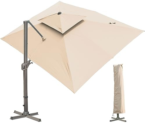 LKINBO Sonnenschirm 300 x 400 cm Rechteckig mit Ständer und Kurbel, Groß Ampelschirm Terrassenschirm 360°Drehbar Parasol Windfest Gartenschirm Wasserdicht Marktschirm für Garten Deck Outdoor, Khaki