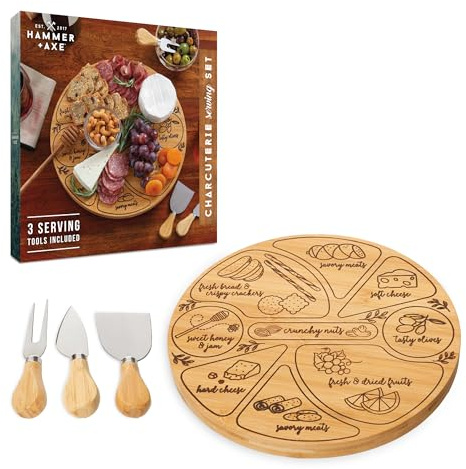 Hammer + Axe Charcuterie Board Set, Round Lazy Susan Bamboo Tray with 3 Cheese Cutter Accessories, Wooden Meat & Cheese Board, Housewarming Gift