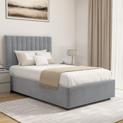 Blisswood Ottoman Bed With Sprung Mattress, 3ft Single Upholstered Bed Frame, Ottoman Bed With Storage Gas Lift End Opening Wooden Slats Single Bed Frame (3ft Light Grey – With Mattress)