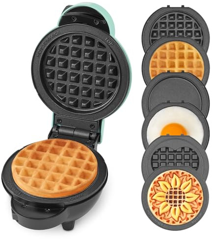DASH Mini fabricante de placas múltiples con 6 platos extraíbles para gofres y estuche de almacenamiento, 2 gofres clásicos, gofres de corazón, gofres de girasol y 2 platos de plancha