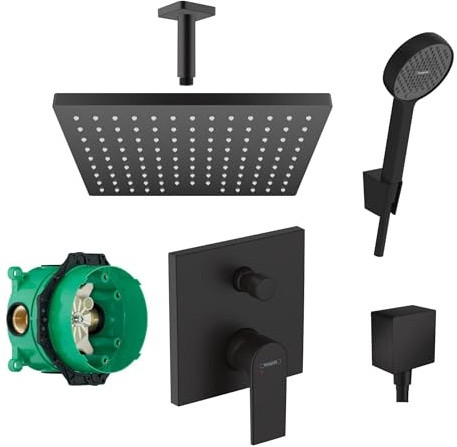 Hansgrohe Duschsystem mit Unterputz Duscharmatur von Hansgrohe Regendusche mit Armatur, Duschkopf eckig, Deckenarm Dusch-SET HGSK02 schwarz matt