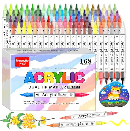 Gunsamg 168 Colori Pennarelli Acrilici 84 Pezzi ，Pennarelli Acrilici a Doppia Punta a Pennello Morbida, Colori Brillanti, Ideali per Ceramica, Stoffa, Tessuti, Plastica, Vetro, Metallo, Roccia, Vetro