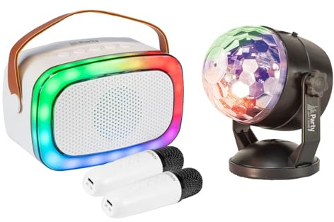 Party Light & Sound - Pack Karaoké Enceinte Enfant Bluetooth USB Party KARAKID20 2 Micros sans Fil - Boule Disco RGB LED Effet Astro Fête Anniversaire Boom