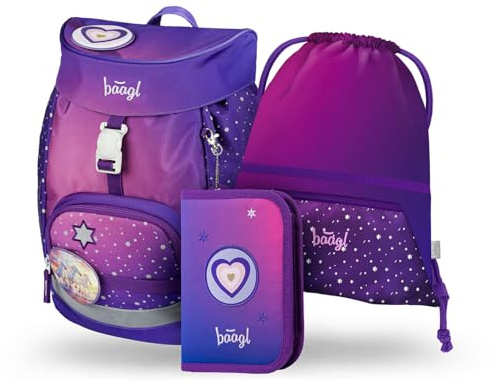 Baagl Schulranzen Jungen für 1. Klasse, Airy Schultasche Set 3-Teilig, Grundschule Schulrucksack für Kinder, Ranzen für Schule, Tornister (Pferd Herz)