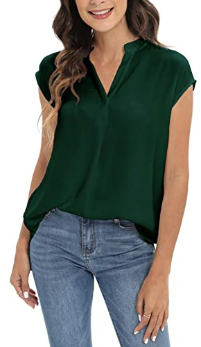 Famulily Women's Elegant Blouse Shirts Summer Casual V Neck Cap Sleeve Loose Vest Shirts (S, Green)