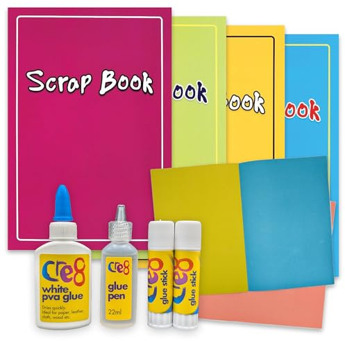 ihoot Scrapbook Accessories Bundle - Scrapbooking Supplies for Adults and Kids, Arts and Crafts Sketch Book for Kids Junk Journal Supplies - 4X Coloured Paper Large Scrapbooks Plus Set of 4 Glues
