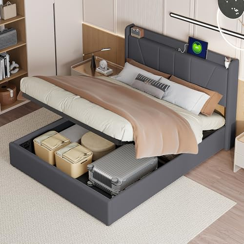 BRILVERDE polstrad säng 160x200 med förvaringsutrymme, hydraulisk förvaringssäng, dubbelsäng med USB och sänggavel, sängstomme med ribbotten, sängram för vuxna, linne (grå, 160 x 200 cm)