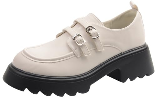 Wtharosa Mocasines con Plataforma Mujer con Diseño de Doble Correa de Hebilla Suela de Tacos Gruesa Punta Redonda Zapatos de Vestir Estilo Oxford,Apricot,35 EU