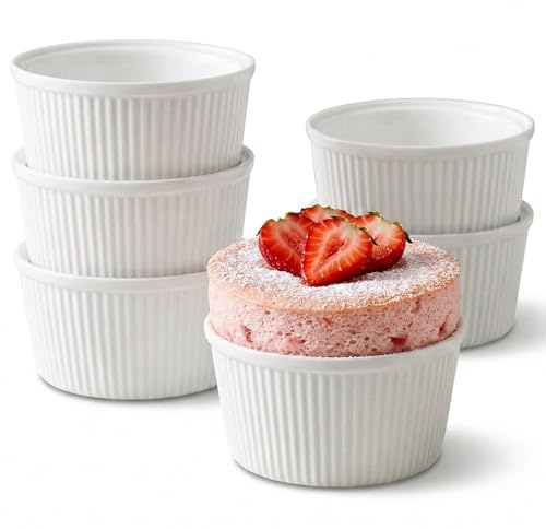 Woobroo Ramekins Set of 6, 300ml Porcelain Souffle Dish,11.5cm Creme Brulee Dish for Air Fryer & Oven, Mini Bowl for Dips, Sauces, Snacks and Fruits-White